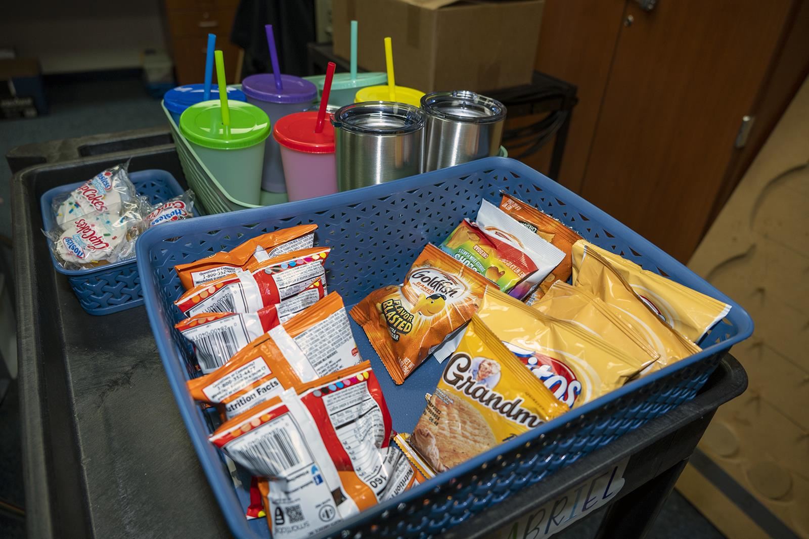 Students could use money earned during class to spend at a store created that included snacks and donated items such tumblers